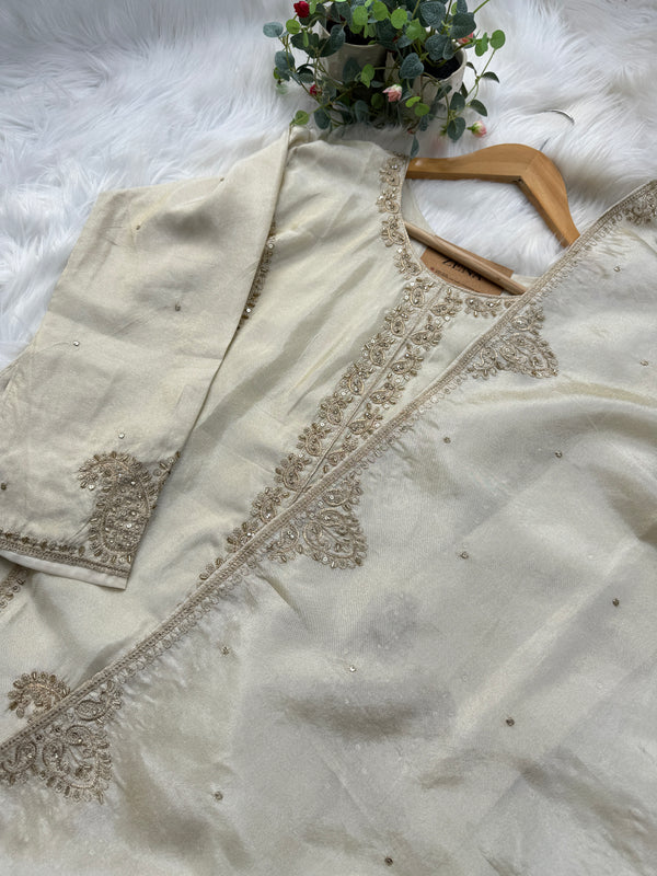 Pure Tissue Silk Hand-Work Party Wear Kurti Set