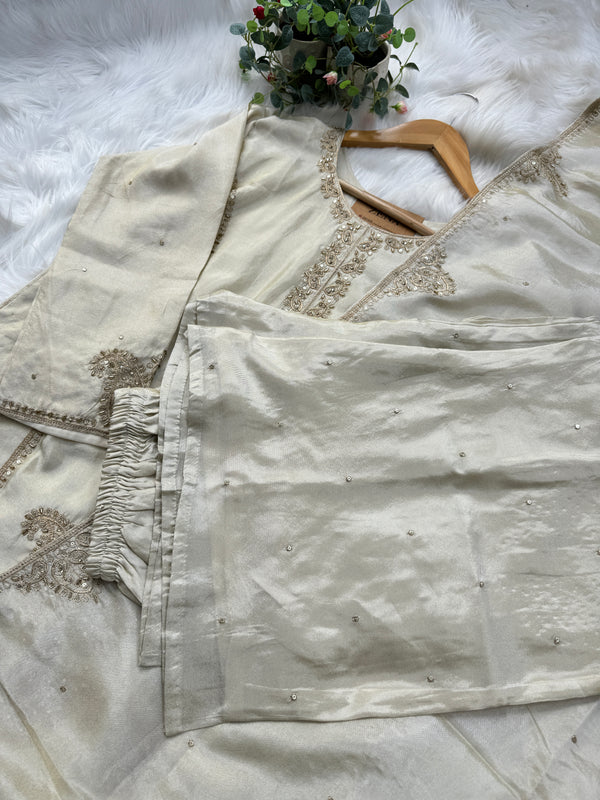 Pure Tissue Silk Hand-Work Party Wear Kurti Set