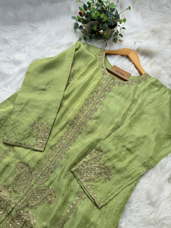 Pure Tissue Silk Hand-Work Party Wear Kurti Set