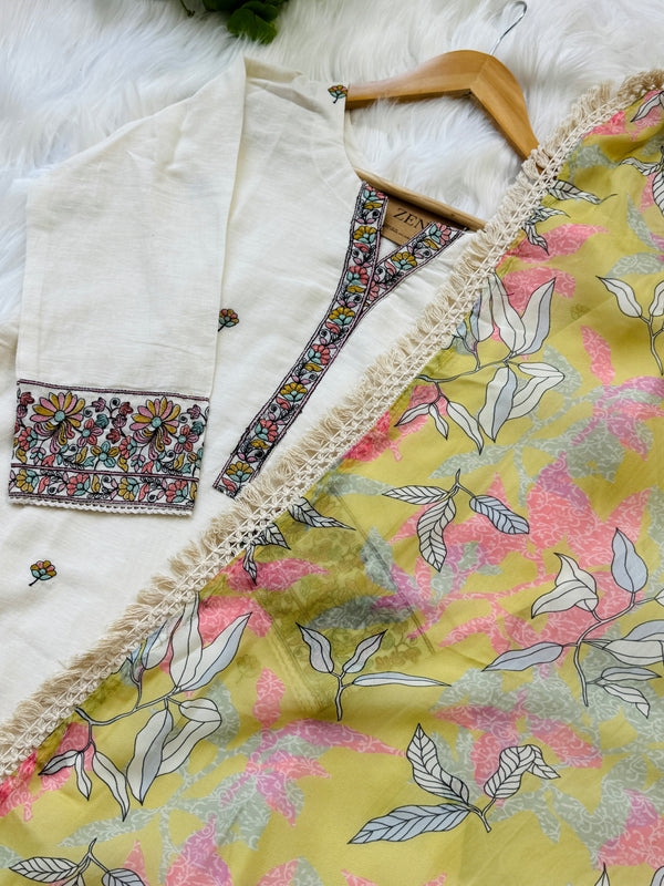 Mul Chanderi Embroidered Kurti Set
