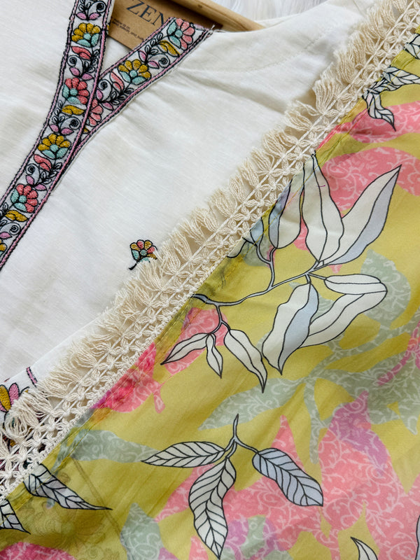 Mul Chanderi Embroidered Kurti Set