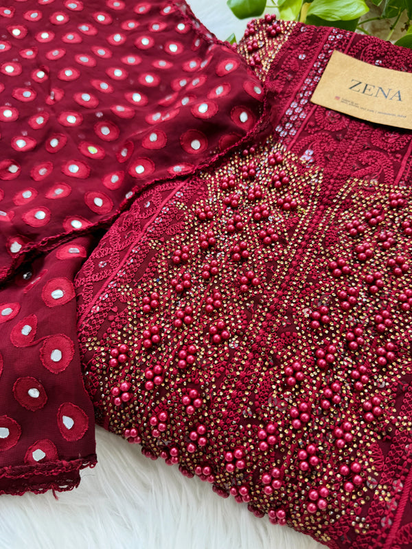 Georgette Unstitched Chikankari Party Wear Kurti Set with Original Mirror Work Dupatta & Lining