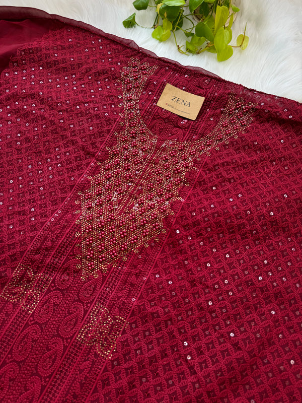 Georgette Unstitched Chikankari Party Wear Kurti Set with Original Mirror Work Dupatta & Lining