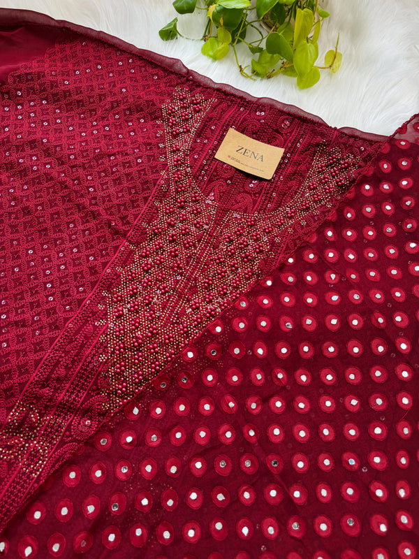 Georgette Unstitched Chikankari Party Wear Kurti Set with Original Mirror Work Dupatta & Lining