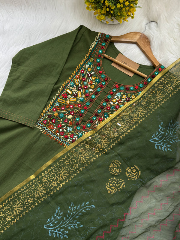 ✨ Pure Cotton Embroidered Ready-to-Wear Kurti Set ✨
