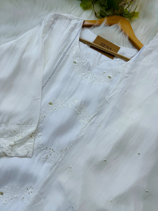 Mul Cotton A-Line Embroidered Kurti Set