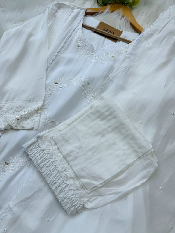 Mul Cotton A-Line Embroidered Kurti Set