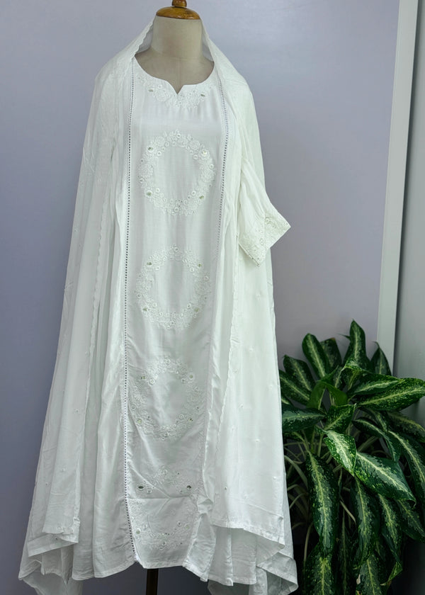 Mul Cotton A-Line Embroidered Kurti Set