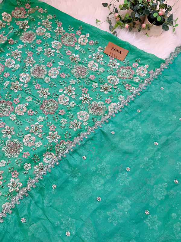 ✨ Premium Cosmo Tissue Silk Handwork Unstitched Suit ✨
