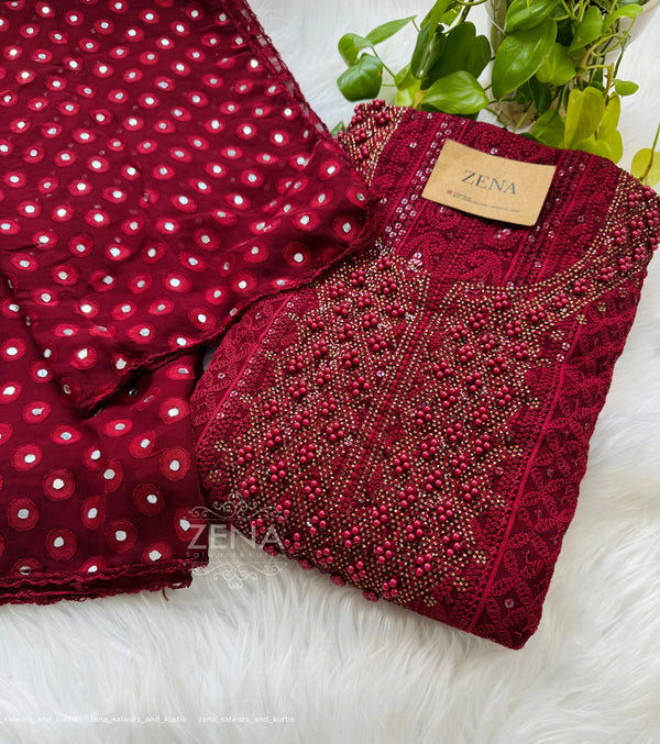 Georgette Unstitched Chikankari Party Wear Kurti Set with Original Mirror Work Dupatta & Lining