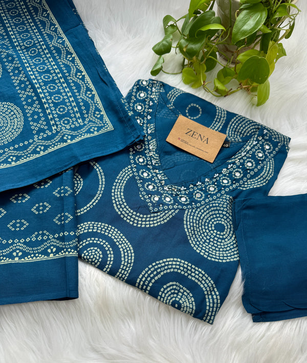 Pure Cotton Mirror Work Hand Embroidered Kurti Set