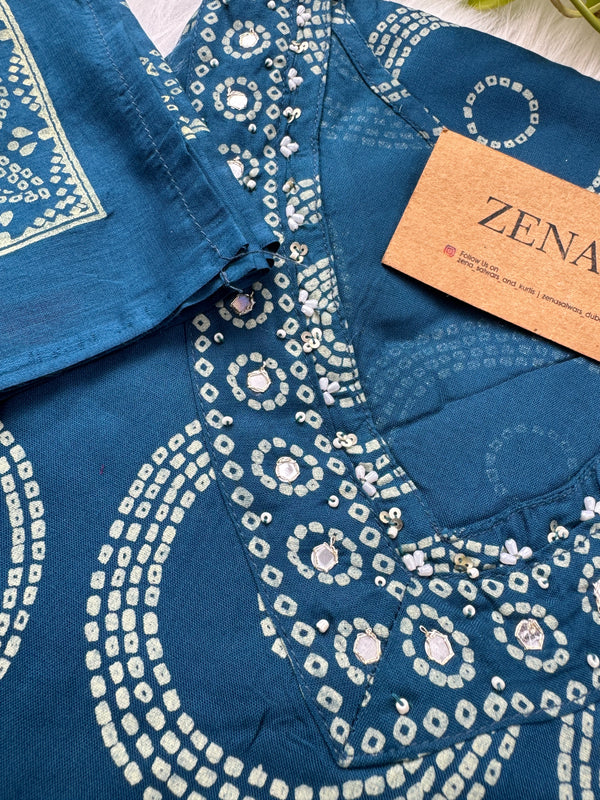 Pure Cotton Mirror Work Hand Embroidered Kurti Set