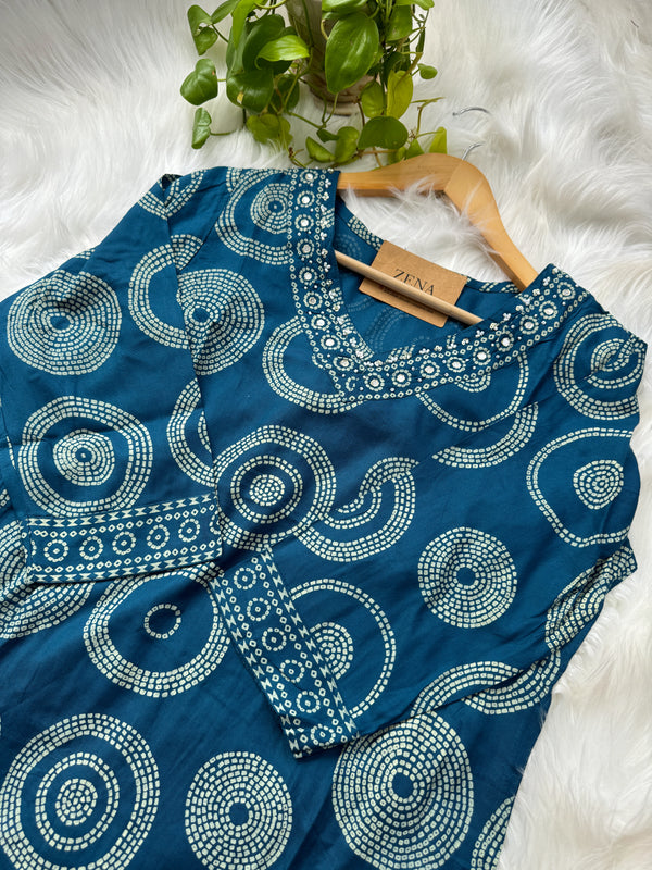 Pure Cotton Mirror Work Hand Embroidered Kurti Set