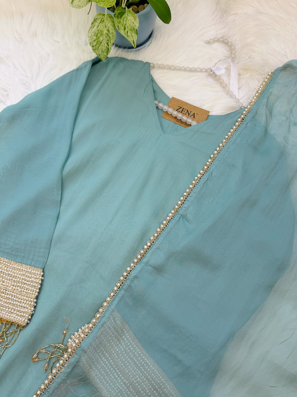✨ Viscose Organza Pearlwork Party Wear Kurti Set