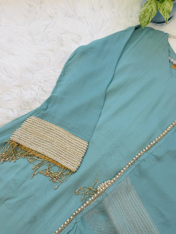 ✨ Viscose Organza Pearlwork Party Wear Kurti Set