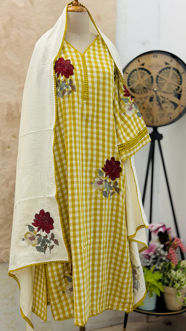 ✨ Imported Double Cloth Checks Embroidered Kurti Set