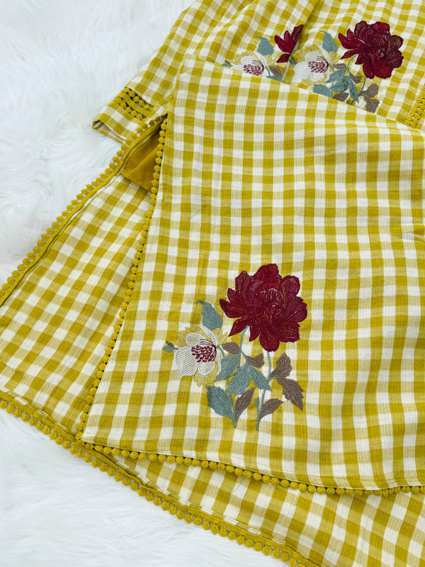 ✨ Imported Double Cloth Checks Embroidered Kurti Set