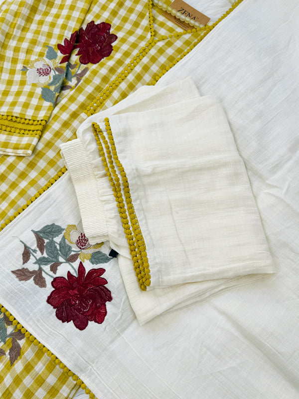 ✨ Imported Double Cloth Checks Embroidered Kurti Set