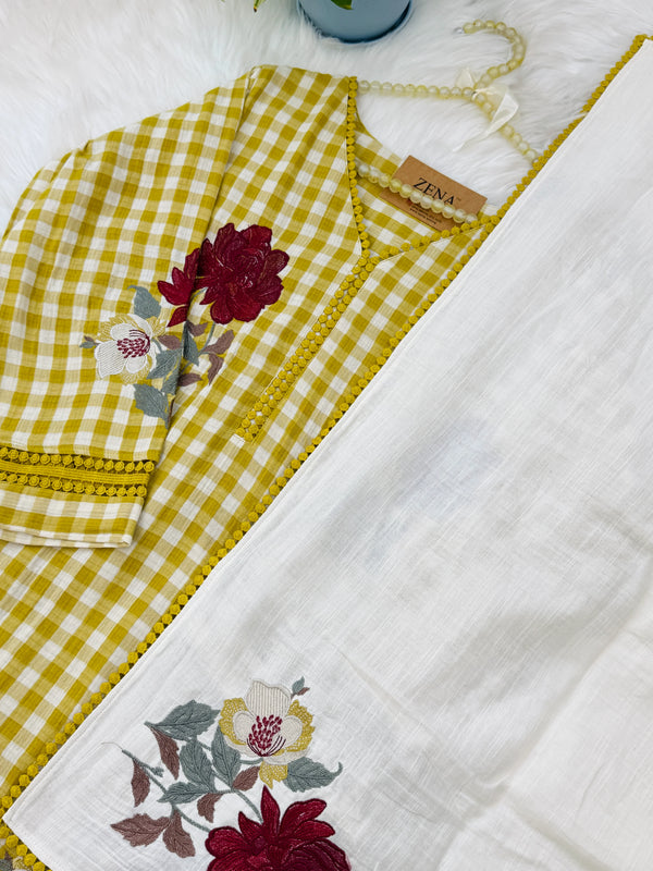 ✨ Imported Double Cloth Checks Embroidered Kurti Set