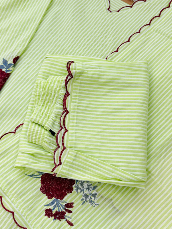 ✨ Striped Cotton Embroidered Kurti Set