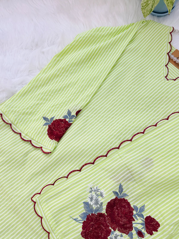 ✨ Striped Cotton Embroidered Kurti Set