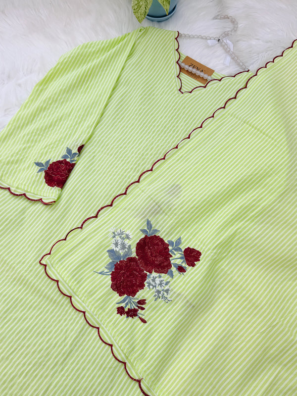 ✨ Striped Cotton Embroidered Kurti Set