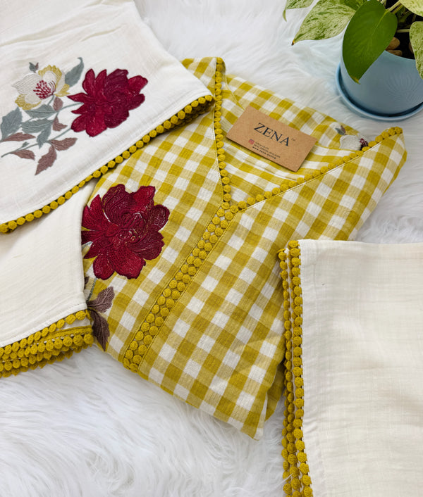 ✨ Imported Double Cloth Checks Embroidered Kurti Set