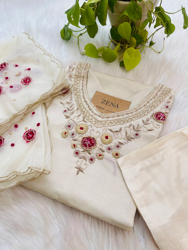 Crepe Silk Handwork Kurti Set with Organza Dupatta – Grace in Every Detail