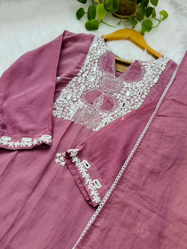 Pure Mul Chanderi Hand Work A-Line Kurti Set (Ready to Wear)