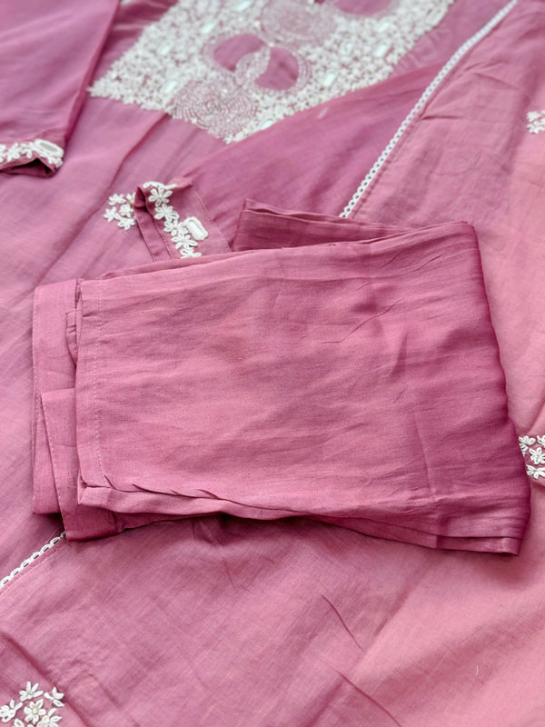 Pure Mul Chanderi Hand Work A-Line Kurti Set (Ready to Wear)