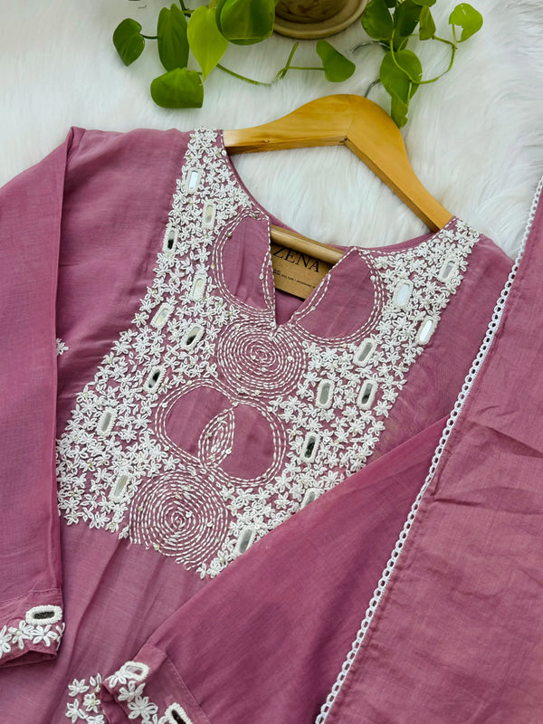 Pure Mul Chanderi Hand Work A-Line Kurti Set (Ready to Wear)