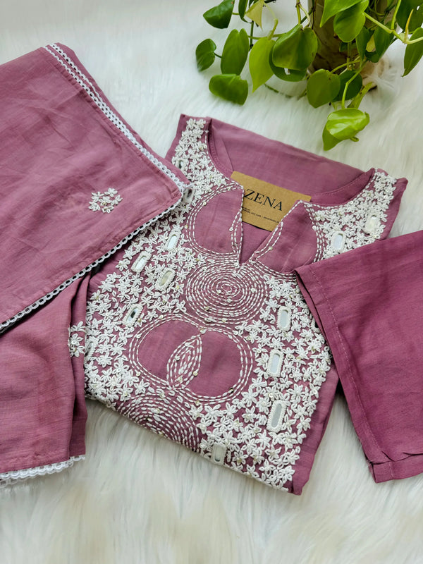 Pure Mul Chanderi Hand Work A-Line Kurti Set (Ready to Wear)