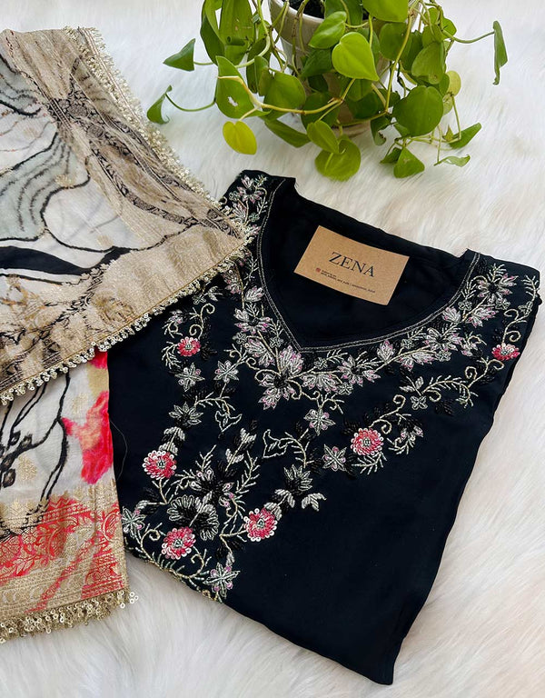 Semi-Stitched Pure Crepe Hand Work Kurti Set – Grace with a Touch of Craftsmanship ✨