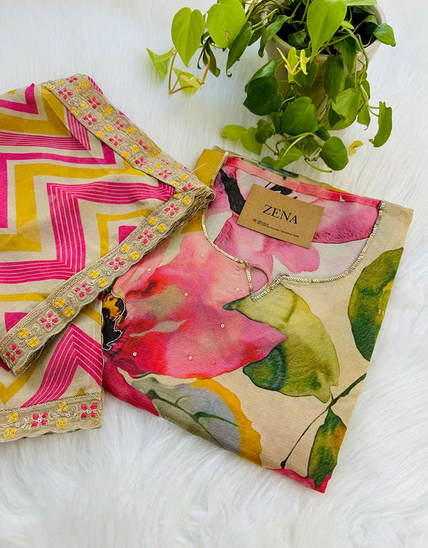 Tissue Silk Semi-Stitched Hand Work Kurti Set with Organza Dupatta ✨