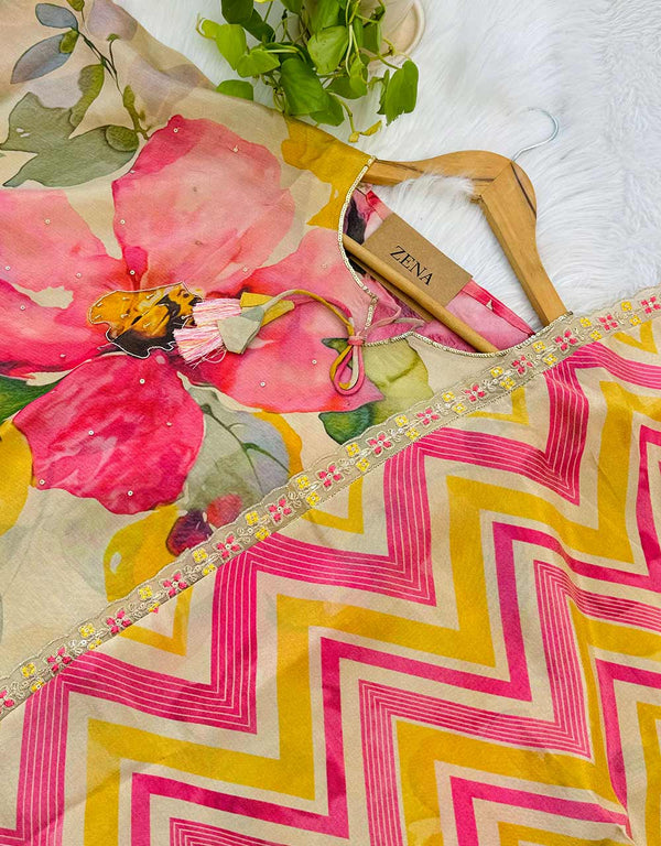 Tissue Silk Semi-Stitched Hand Work Kurti Set with Organza Dupatta ✨