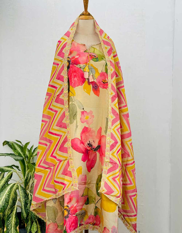 Tissue Silk Semi-Stitched Hand Work Kurti Set with Organza Dupatta โจ