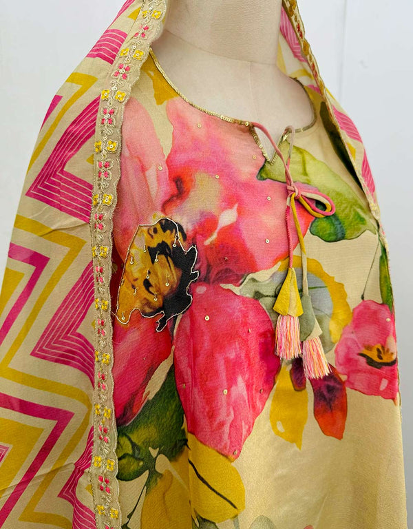 Tissue Silk Semi-Stitched Hand Work Kurti Set with Organza Dupatta ✨