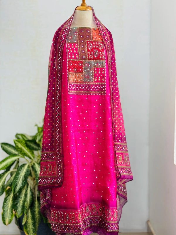 Unstitched Organza Digital Printed Suit with Mirror Work – Lightweight Festive