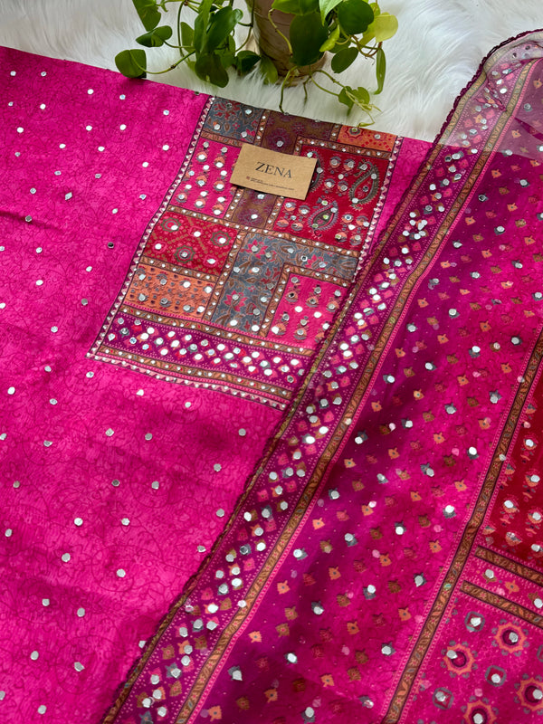 Unstitched Organza Digital Printed Suit with Mirror Work – Lightweight Festive