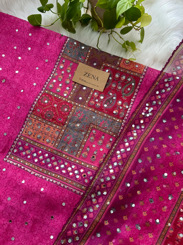 Unstitched Organza Digital Printed Suit with Mirror Work – Lightweight Festive