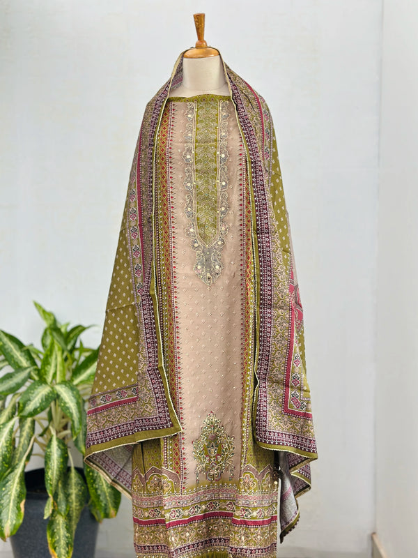 Pure Muslin Unstitched Suit with Handwork Details