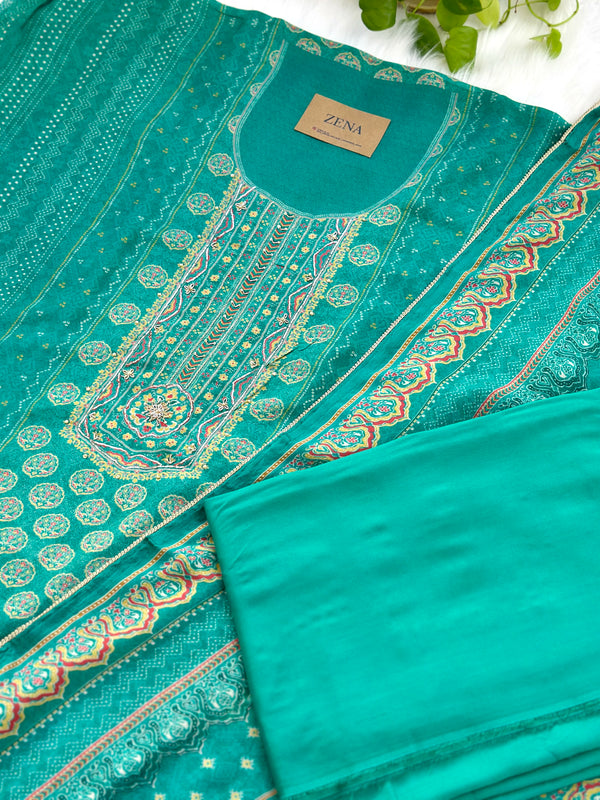 Unstitched Pure Muslin Digital Print Suit with Aari & Jarkan Diamond Work – Luxe Ethnic Fabric Set