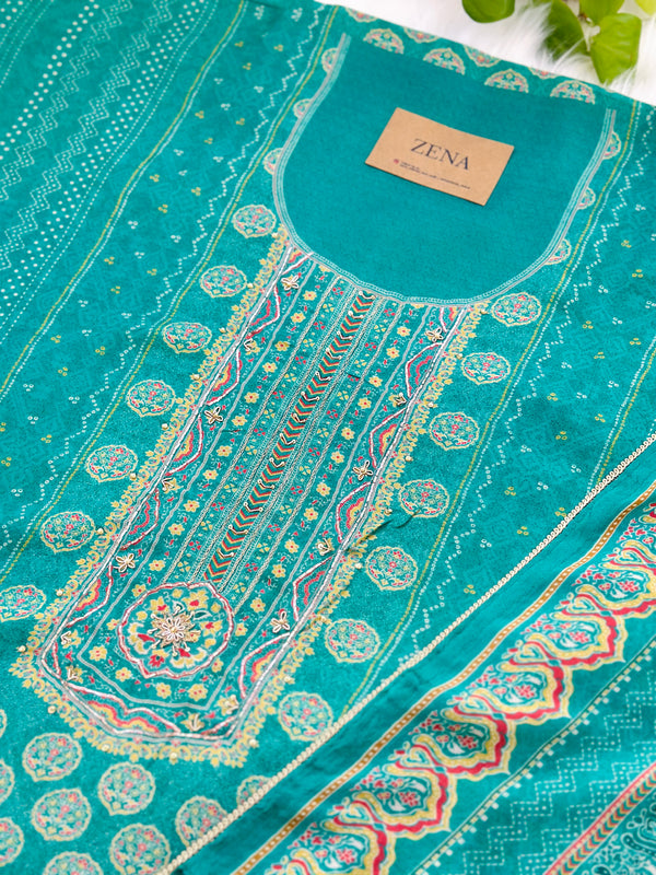 Unstitched Pure Muslin Digital Print Suit with Aari & Jarkan Diamond Work – Luxe Ethnic Fabric Set