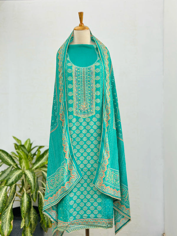 Unstitched Pure Muslin Digital Print Suit with Aari & Jarkan Diamond Work – Luxe Ethnic Fabric Set