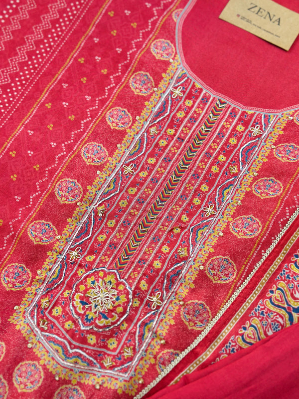 Unstitched Pure Muslin Digital Print Suit with Aari & Jarkan Diamond Work – Luxe Ethnic Fabric Set