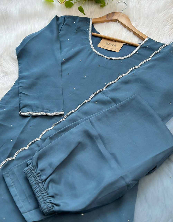 Organza Ready-to-Wear Hand Work Kurti Set ✨