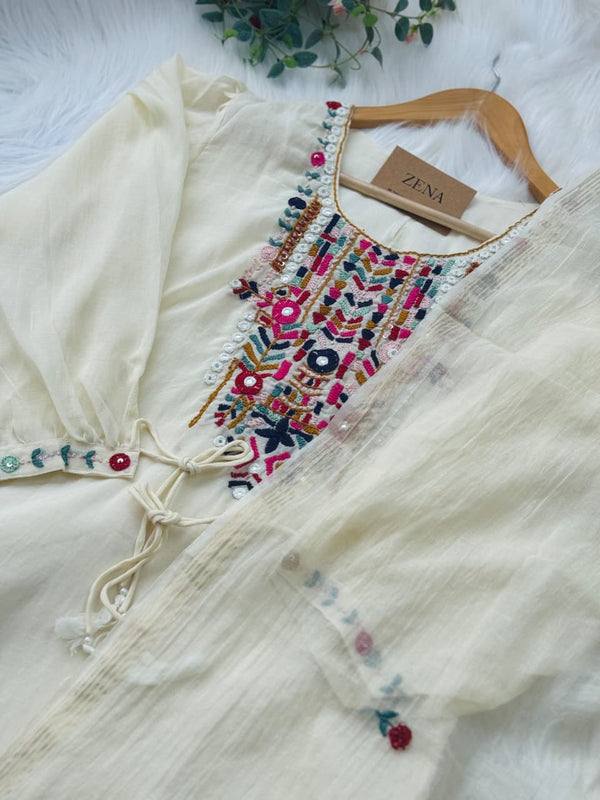 Premium Mul Chanderi Hand Work Suit