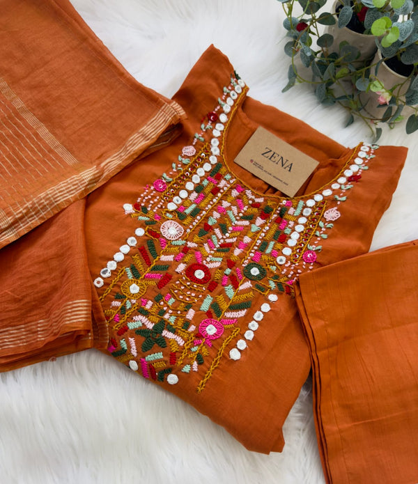 Premium Mul Chanderi Hand Work Suit