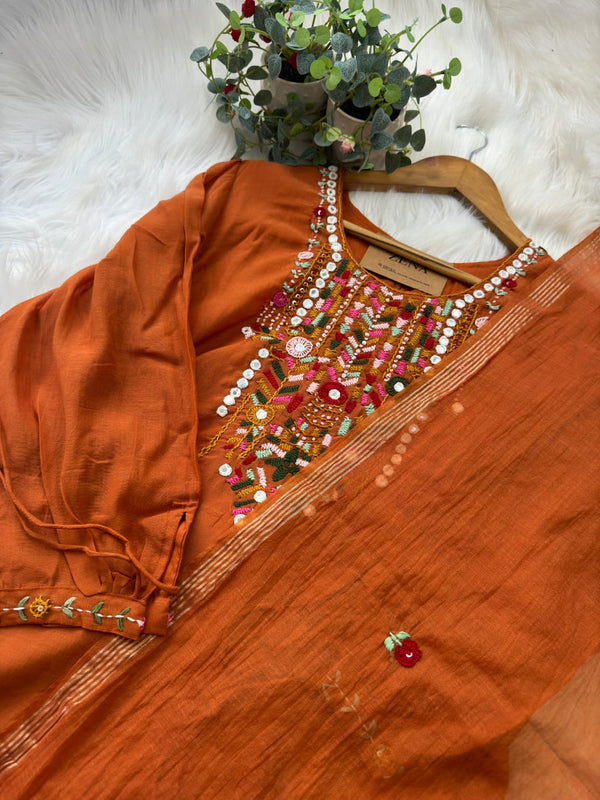 Premium Mul Chanderi Hand Work Suit