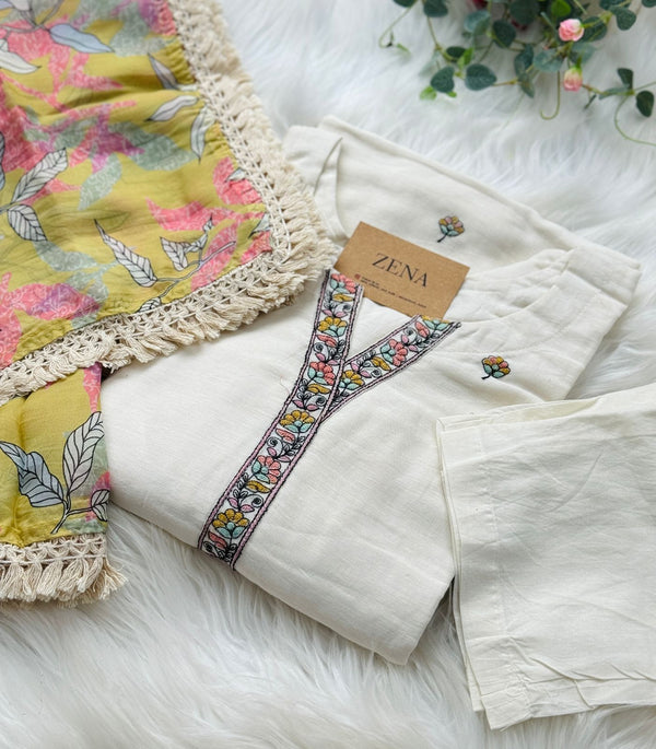 Mul Chanderi Embroidered Kurti Set